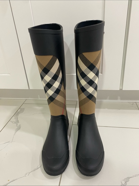 Burberry Shoes - Burberry Black and Tan Check Tall Rain Boots
